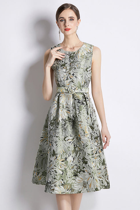 Breathtakingly Beautiful Designer Women's Floral Jacquard Belted Cocktail, Party, Wedding Guest Prom Quinceanera Dress